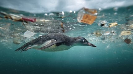 Obraz premium A penguin struggling through coastal waters densely polluted with plastic trash, floating wrappers, and debris, illustrating severe human impact.