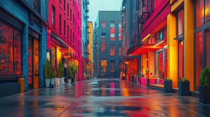 Colorful urban alleyway on a rainy evening.