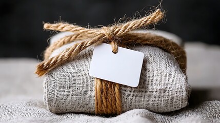Fototapeta premium Wrapped Gift in Beige Linen Fabric with Blank Tag