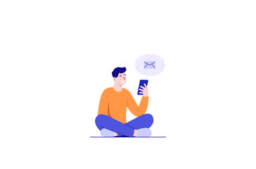 flat illustration of a man sitting with a cellphone and a message notification