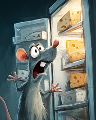 Cheese-filled Refrigerator and Startled Mouse: A curious little mouse, overwhelmed by a bountiful display of cheese, finds himself in a moment of comic surprise.