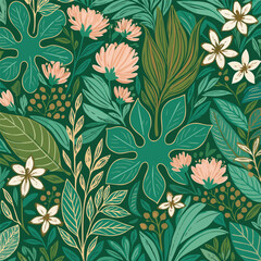 Seamless tropical jungle pattern with diverse leaves, exotic flowers & berries. Rich greens, pink, white & gold accents on a dark green base. Vibrant, illustrative design for bold decor & fashion