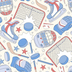 Retro Ice Hockey team equipment Game Day vector seamless pattern. Boyish Sports Sporty Boy background.
