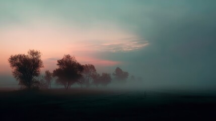 Fototapeta premium Misty Dawn Landscape Serene Trees in Fog Peaceful Sunrise Scenery Nature Photography