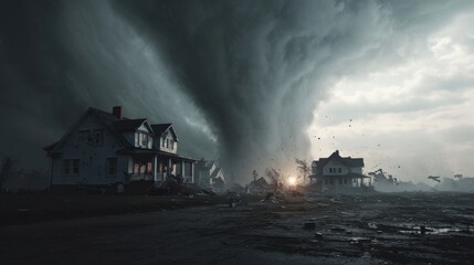 An intense tornado sweeping through homes, dramatic winds lifting and throwing large pieces of debris through the air.