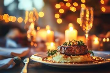 Romantic Dinner Setting with Filet Mignon and Mashed Potatoes in Restaurant Ambience