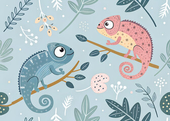 Two cartoon chameleons, one blue and one pink, sit on branches with leaves and plants