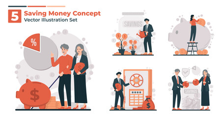 Saving money concept illustration set featuring retirement planning, banking, and financial growth elements