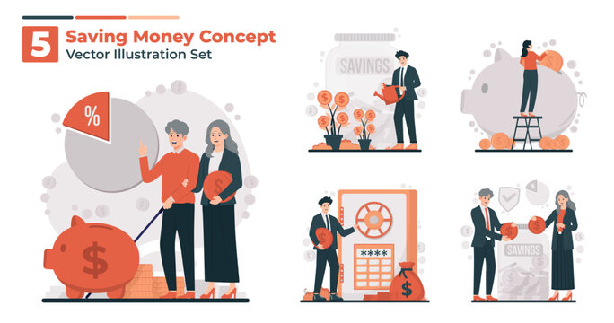 Saving money concept illustration set featuring retirement planning, banking, and financial growth elements