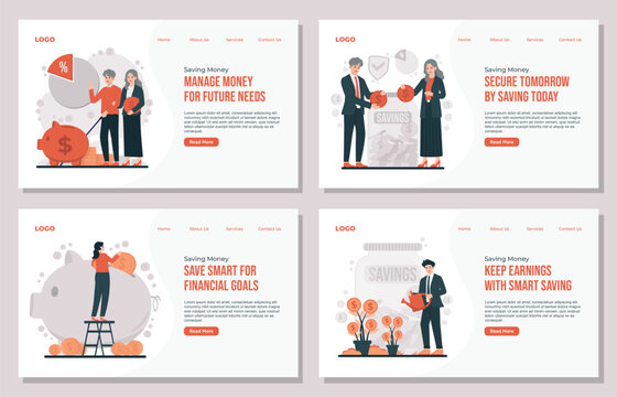 Landing page template Saving money concept illustration set featuring retirement planning, banking, and financial growth elements