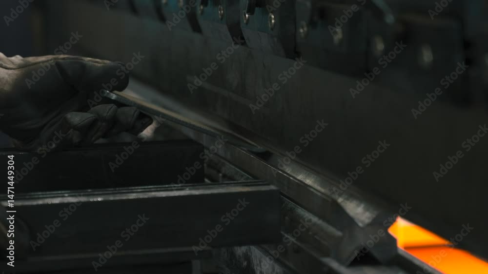 Poster Metal bending machine operator skillfully crafts a precision part in workshop