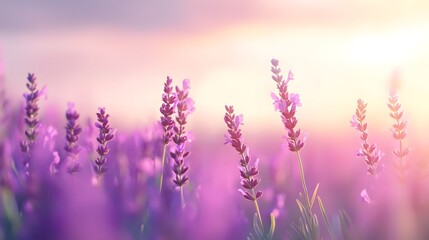 Serene lavender field at sunset, vibrant purple flowers swaying gently, perfect for wellness themes and mindfulness content.