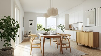 Fototapeta premium A Scandinavian dining area with clean lines and natural wood furniture