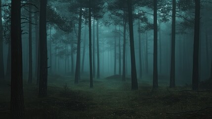 Fototapeta premium Mystical Ambience: A Serene and Enchanting Forest Enshrouded in Twilight Haze