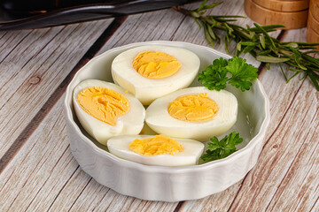Boiled chicken eggs with bright yolk