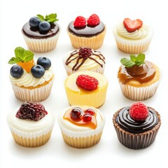 A delightful assortment of mini cheesecakes, with different toppings like fresh berries,
