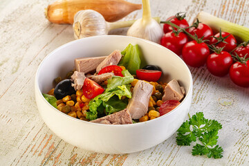 Dietary salad with canned tuna and corn