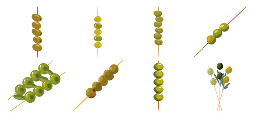 Set of  Olive skewer Flat Vector Illustration on Transparent Background