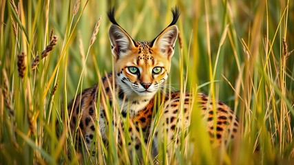 A beautiful serval cat with striking green eyes peeks from tall golden grass in the African savanna at sunset.