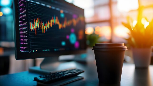 PLANNING & ORGANIZATION Modern workspace featuring a computer displaying data analytics alongside a coffee cup and vibrant background light.