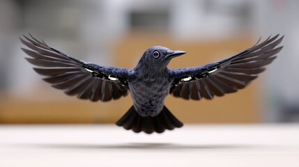 Fototapeta premium Iridescent Starling in Mid-Flight Showcasing Spread Wings Against Blurred Background