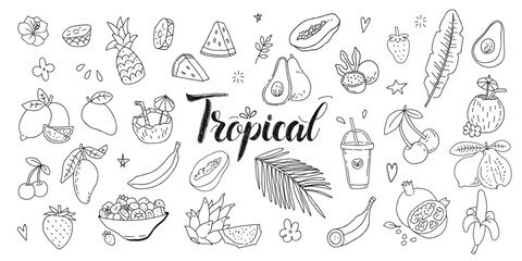 Hand-drawn tropical fruit doodles set. Juicy summer elements include papaya, mango, banana, coconut, pineapple, smoothie, exotic leaves, and more. Perfect for prints, stickers, and packaging.