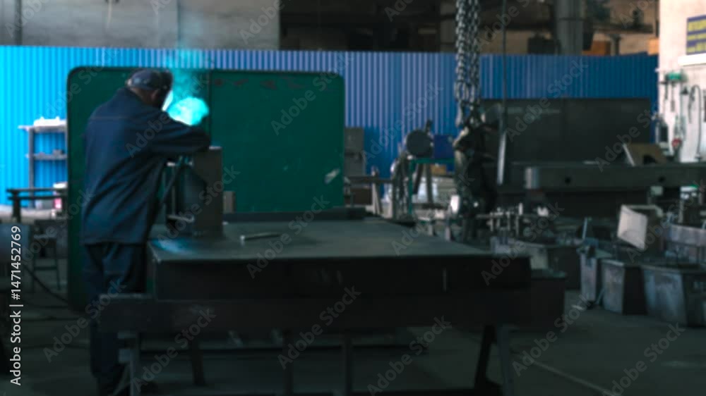 Poster welding metal parts in a workshop to create strong and durable constructions