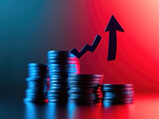 Stacks of coins with an upward trend graphic, highlighting financial growth.  A vibrant gradient of red and blue illuminates the stacks, emphasizing the upward movement