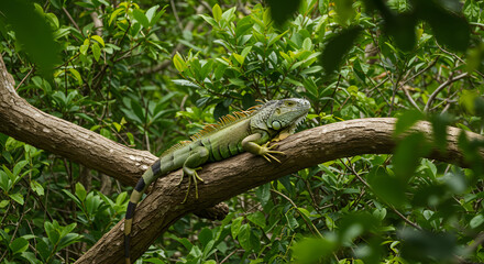 Green Iguana Resting on Tree Branch in Lush Tropical Foliage