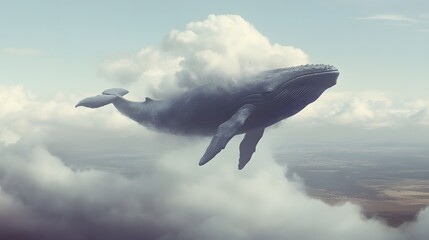Whale soaring through clouds, whimsical aquatic creature floating in a dreamy sky, evokes imagination and wonder.
