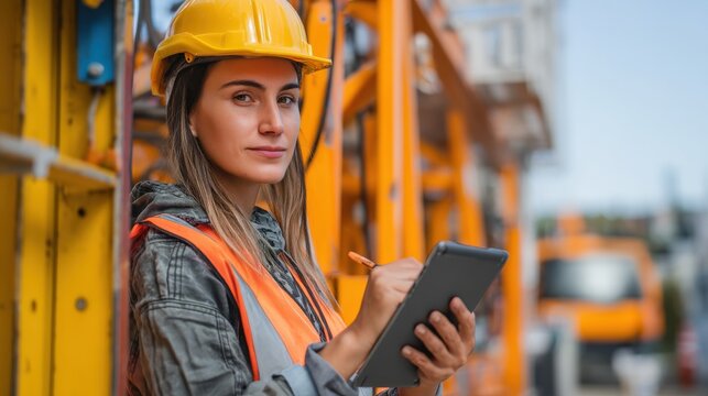 Female engineer wearing a hard hat and high-visibility vest, using a tablet to record data at a construction site, looking directly at the camera.