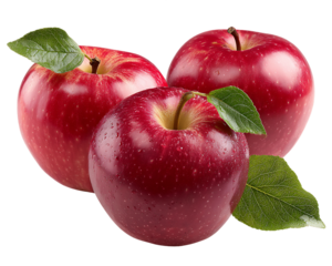 Three Shiny Red Apples with Green Leaves on Transparent Background, PNG