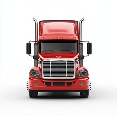 Front View of a Red Semi Truck on White Background Studio Shot Clean Transport Vehicle American Style Commercial Hauling