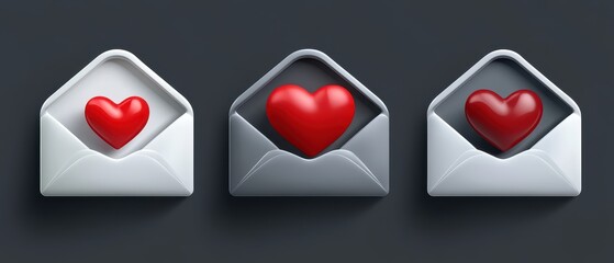Three Love Letters with Red Heart Symbols in Envelopes on Dark Background Studio Shot Valentine's Day Romance Affection Message Communication