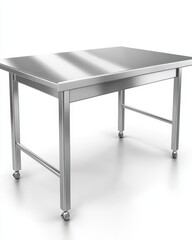Stainless steel table on white background studio shot clean modern design for kitchen food prep or industrial use