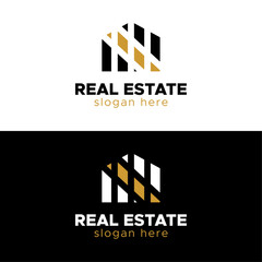 Modern Real Estate Logo Design,  Minimalist Black and Gold Geometric Property Symbol