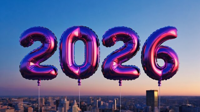 Purple metallic balloons spelling out 2026, floating over a cityscape at sunset