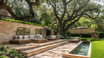 Backyard wall with textured bricks and minimalist greenery