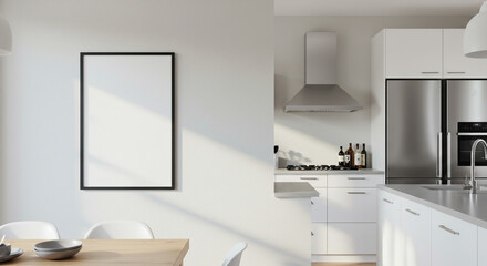 Empty black frame on a white wall in a modern kitchen.
