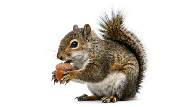 Adorable Grey Squirrel Enjoying an Acorn on White Background