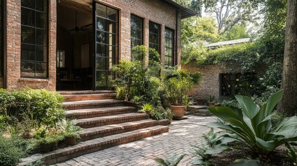 Minimal side garden with clean brick lines and compact greenery