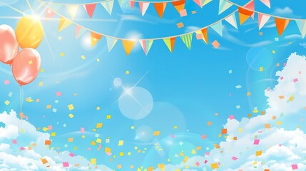 Naklejka premium Flag Day Sky Background: Red Flags Soar in the Firmament, Spreading a Grand Poem of the Interweaving of Vast Skies and Fluttering Flags