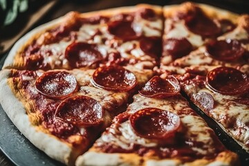 Delicious pepperoni pizza, cheesy, sliced, on dark wood