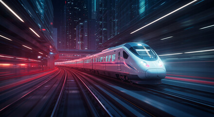 High-speed train with motion blur in an urban setting.
