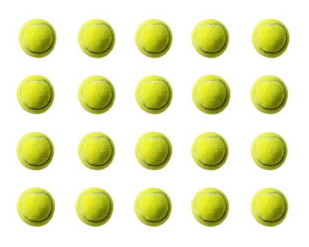 Twenty Yellow Tennis Balls in Grid Pattern on Transparent Background, PNG