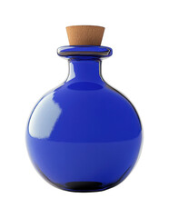 Round blue glass bottle with cork stopper, cut out - stock png.