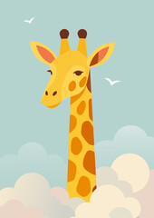 Obraz premium Illustration einer freundlichen Giraffe im minimalistischen Stil, mit langem Hals, der durch helle Wolken ragt, vor hellblauem Himmel mit Möwen – stilvoll, verspielt und reduziert gestaltet.