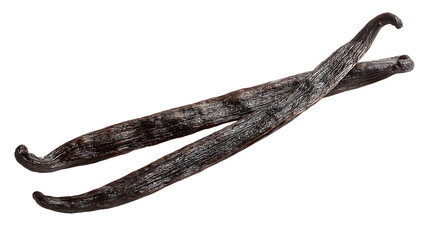 Obraz premium Two Dark Brown Vanilla Beans with Sugar Crystals on Transparent Background, PNG
