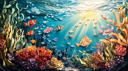 Paper art ocean scene with coral reef.