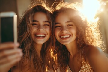 Happy twin sisters taking a selfie outdoors